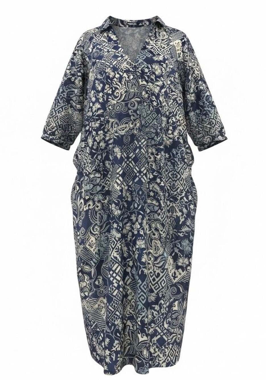N by Natori Blue White Paisley Print V Neck Midi Dress 3/4 Sleeve